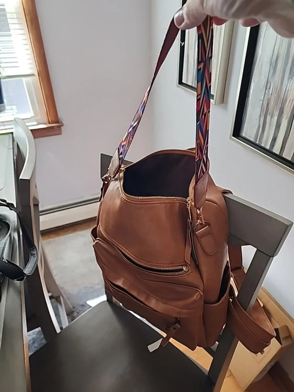 Brown Convertible Backpack Purse Boho Woven Strap FauxLeather